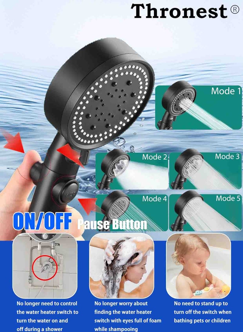 Thronest Upgraded High Pressure Shower Head Set [5 Modes/Water-Saving/One-Touch Stop] with 1.5M Flexible Hose & No-Drill Wall Bracket - Ideal for Saudi Water Pressure & Bathroom Setup -Black  - Image 2