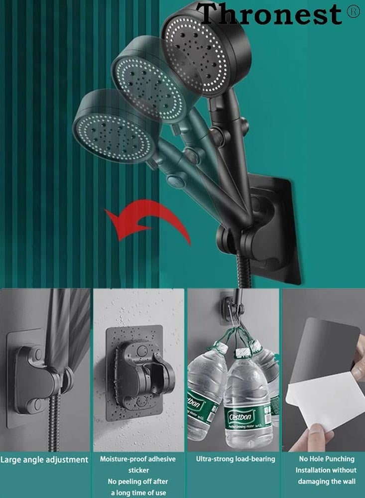Thronest Upgraded High Pressure Shower Head Set [5 Modes/Water-Saving/One-Touch Stop] with 1.5M Flexible Hose & No-Drill Wall Bracket - Ideal for Saudi Water Pressure & Bathroom Setup -Black  - Image 5