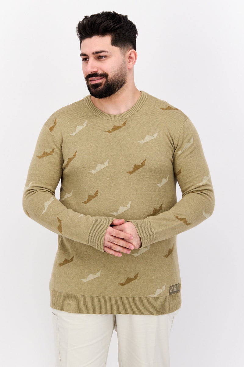 D RT سويت شيرت طويل الأكمام بطباعة جرافيك للرجال، زيتوني - Image 1