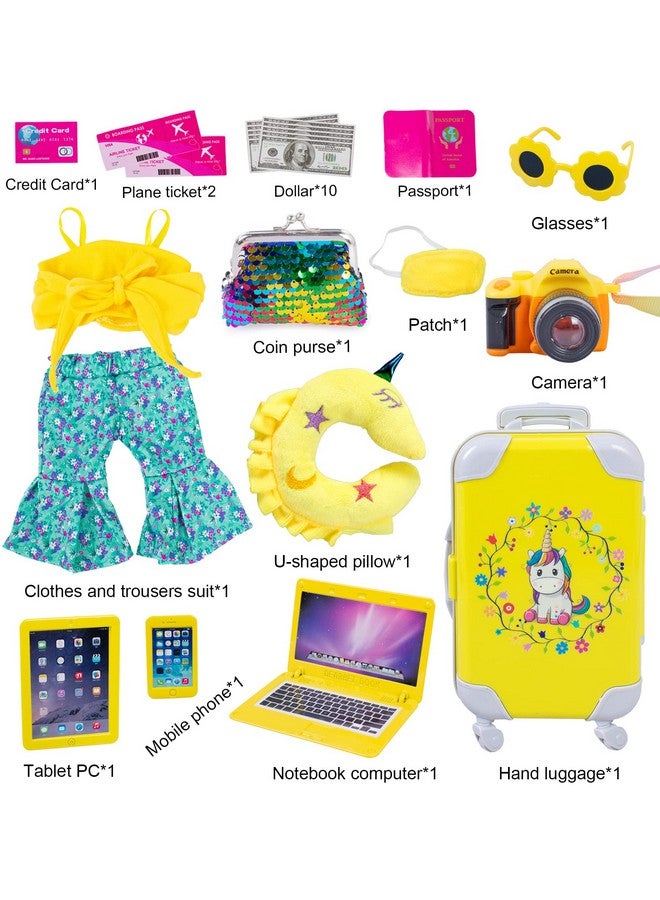 إبودي مجموعة ملابس وإكسسوارات الدمى من إي بودي، مجموعة سفر للدمى مقاس 18 بوصة مع حقيبة سفر مطبوعة عليها صورة يونيكورن، مناسبة لدمية فتاة مقاس 18 بوصة، ومعظم الدمى مقاس 18 بوصة (بدون دمية) - Image 2