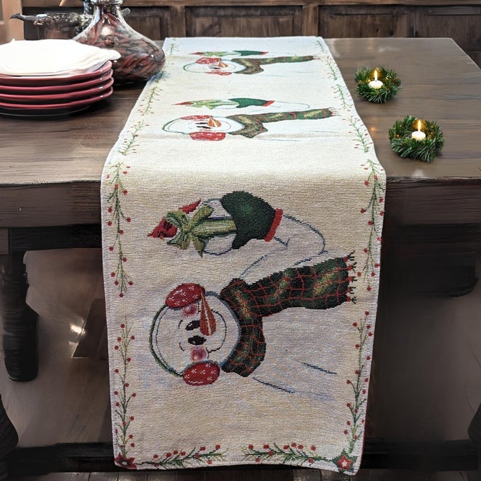 MAGICAL SNOWMAN TAPESTRY TABLE RUNNER WINTERY HOLIDAY RED CARDINAL BOLD FESTIVE WHITE INTRICATE NEEDLE STITCHING COTTON LINEN WOVEN KITCHEN DINING MATS 13 X 72