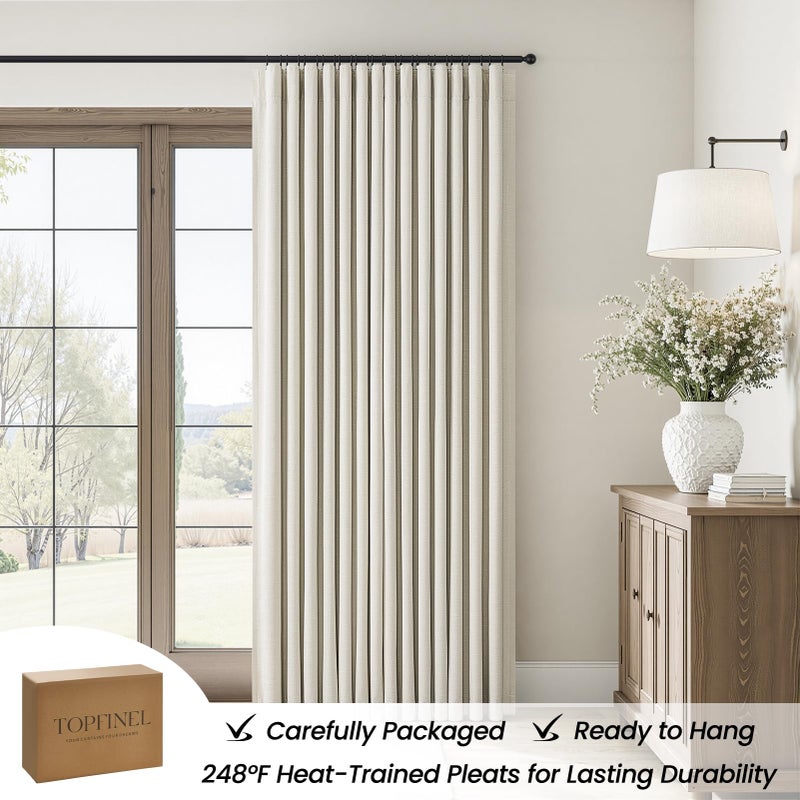 Topfinel 84 Inch Long Natural Linen Blackout Linen Curtains, 100% Blackout Light Blocking Pinch Pleated Back Tab Panels for Sliding Door, Minimalist Viral Drapes for Living Room, Cream Beige 52"W*84"L - Image 3