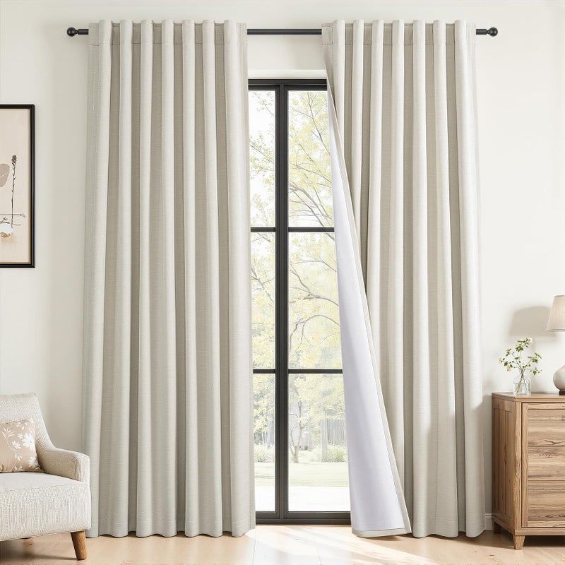 Topfinel 84 Inch Long Natural Linen Blackout Linen Curtains, 100% Blackout Light Blocking Pinch Pleated Back Tab Panels for Sliding Door, Minimalist Viral Drapes for Living Room, Cream Beige 52"W*84"L - Image 1