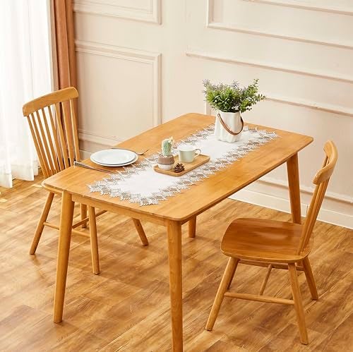 Raedan White Linen Table Runner 36 inches Long, Neutral Earth Tones Beige Lace Vinyl Dresser Scarf for Kitchen Coffee Table Wedding Party Home Decor (White, 16”x36”) - Image 2