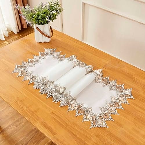 Raedan White Linen Table Runner 36 inches Long, Neutral Earth Tones Beige Lace Vinyl Dresser Scarf for Kitchen Coffee Table Wedding Party Home Decor (White, 16”x36”) - Image 5