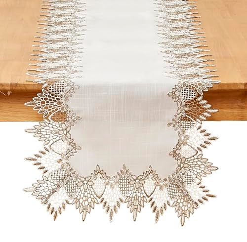Raedan White Linen Table Runner 36 inches Long, Neutral Earth Tones Beige Lace Vinyl Dresser Scarf for Kitchen Coffee Table Wedding Party Home Decor (White, 16”x36”) - Image 1