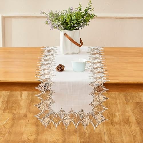 Raedan White Linen Table Runner 36 inches Long, Neutral Earth Tones Beige Lace Vinyl Dresser Scarf for Kitchen Coffee Table Wedding Party Home Decor (White, 16”x36”) - Image 3