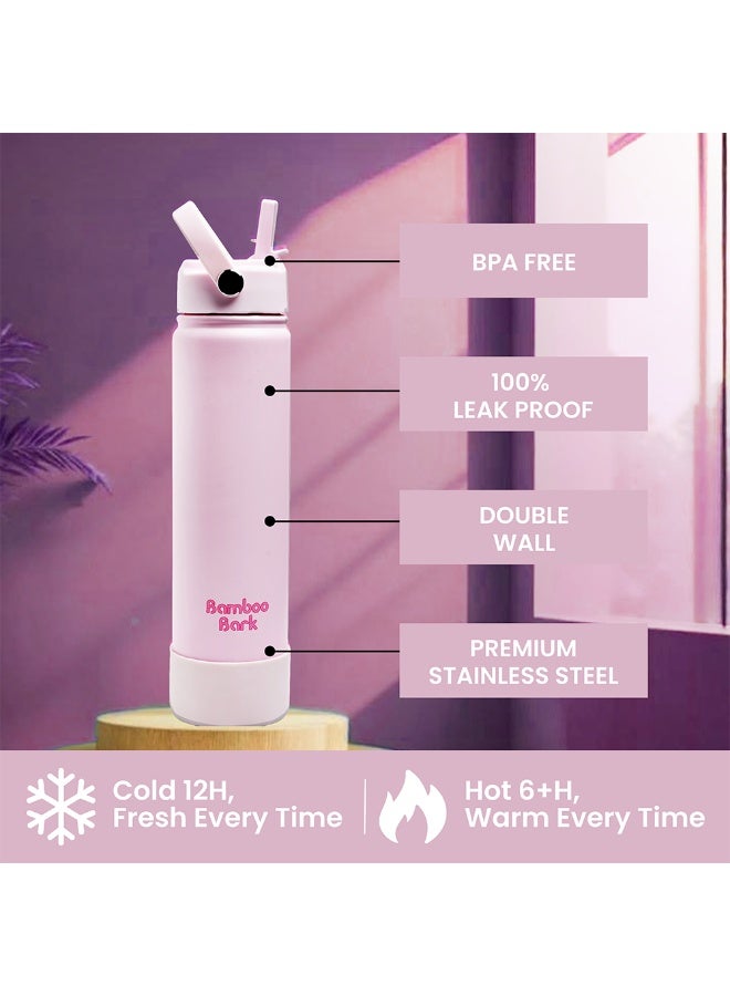 Bamboo Bark 750 ML Insulated Water Bottle with Sipper Lid – Stainless Steel Double Wall Vacuum Flask for Hot & Cold Water Leak-Proof, Reusable Sports Thermos Bottle - (Blush Pink) - Image 2