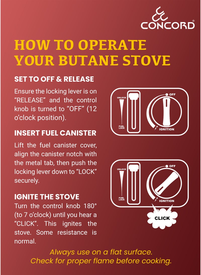 CONCORD Mini Portable Gas Stove with Carrying Box, Replacable Single Butane Cartridge Design with Adjustable Flame Control, Lightweight, Easy Ignition, 0.98kg/2.21lbs, Red and Silver - Image 4