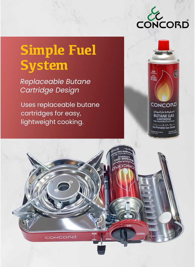CONCORD Mini Portable Gas Stove with Carrying Box, Replacable Single Butane Cartridge Design with Adjustable Flame Control, Lightweight, Easy Ignition, 0.98kg/2.21lbs, Red and Silver - Image 3
