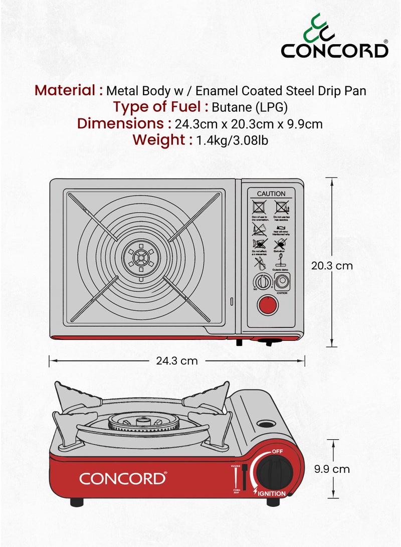 CONCORD Mini Portable Gas Stove with Carrying Box, Replacable Single Butane Cartridge Design with Adjustable Flame Control, Lightweight, Easy Ignition, 0.98kg/2.21lbs, Red and Silver - Image 5