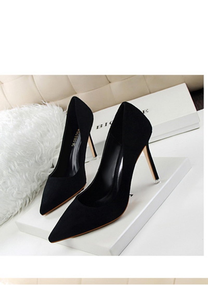 BIGTREE 9cm Korean Version Of Fashion Simple Slim Heel High Heel Shallow Mouth Pointed Suede Slim Heels Black  - Image 1