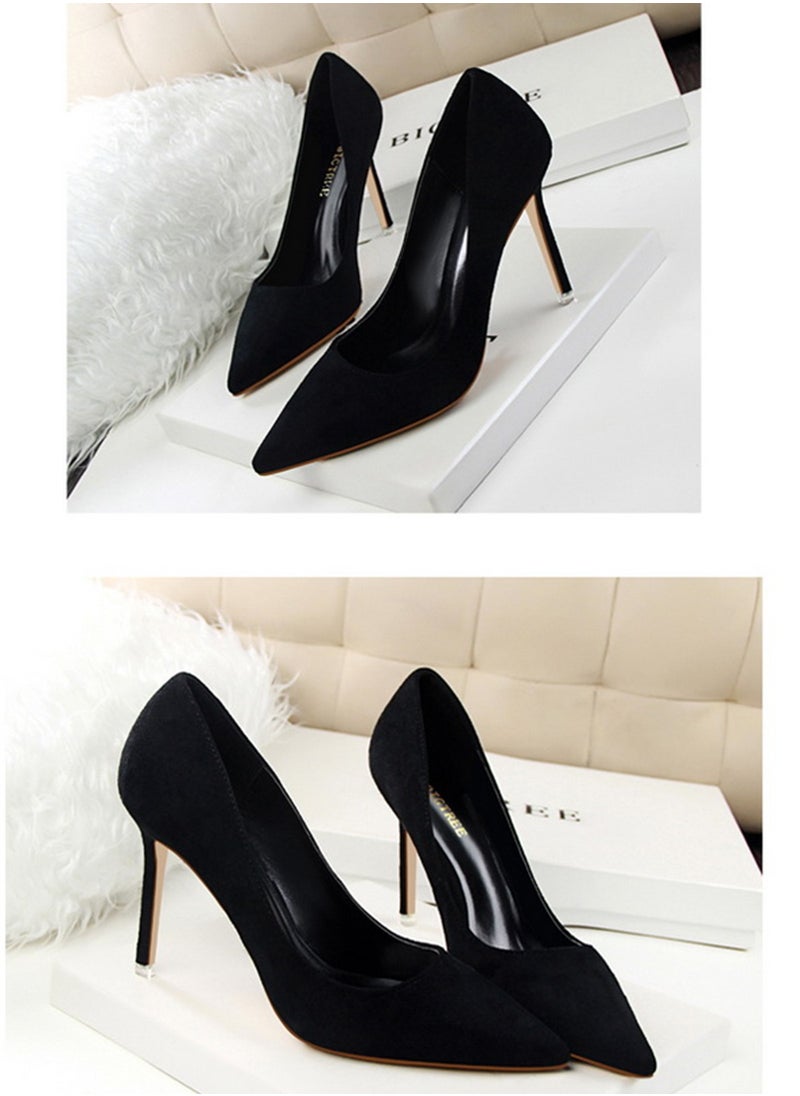 BIGTREE 9cm Korean Version Of Fashion Simple Slim Heel High Heel Shallow Mouth Pointed Suede Slim Heels Black  - Image 2