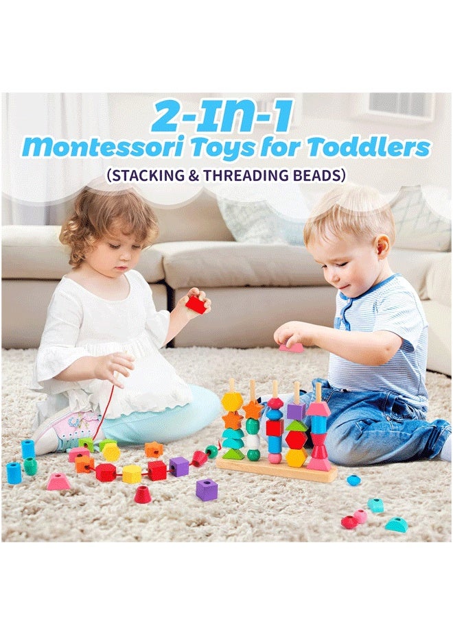 إيزي سو مجموعة ألعاب مونتيسوري الخشبية لتسلسل الخرز، مكعبات التكديس وربط الخرز ومطابقة الأشكال للأطفال من عمر 2 3 4 5 سنوات، ألعاب مونتيسوري التعليمية لمرحلة ما قبل المدرسة، هدايا للأطفال الأولاد والبنات والأطفال الصغار - Image 3