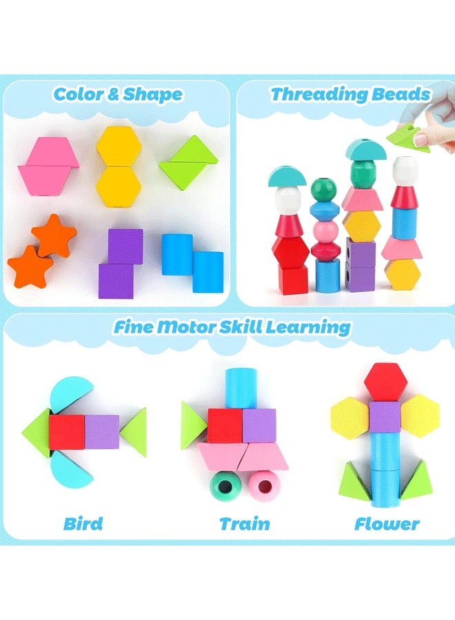 إيزي سو مجموعة ألعاب مونتيسوري الخشبية لتسلسل الخرز، مكعبات التكديس وربط الخرز ومطابقة الأشكال للأطفال من عمر 2 3 4 5 سنوات، ألعاب مونتيسوري التعليمية لمرحلة ما قبل المدرسة، هدايا للأطفال الأولاد والبنات والأطفال الصغار - Image 5