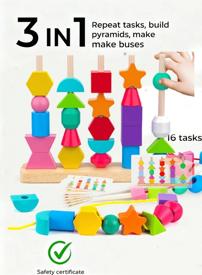إيزي سو مجموعة ألعاب مونتيسوري الخشبية لتسلسل الخرز، مكعبات التكديس وربط الخرز ومطابقة الأشكال للأطفال من عمر 2 3 4 5 سنوات، ألعاب مونتيسوري التعليمية لمرحلة ما قبل المدرسة، هدايا للأطفال الأولاد والبنات والأطفال الصغار - Image 1