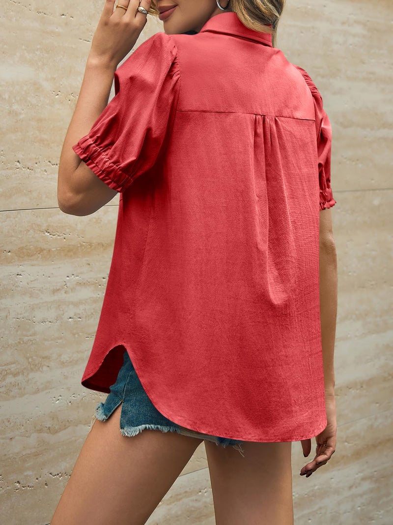 Cicy Bell Womens Puff Short Sleeve Button Down Shirts Summer Casual Collared V Neck Blouse Linen Loose Fit Work Tops - Image 3