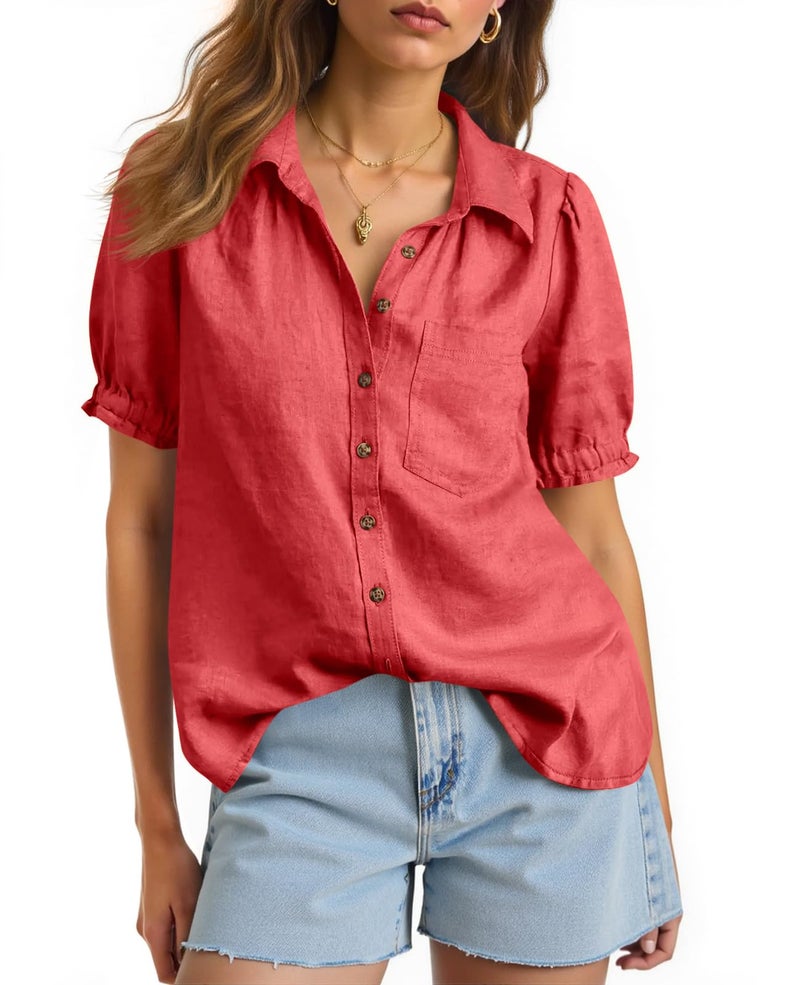 Cicy Bell Womens Puff Short Sleeve Button Down Shirts Summer Casual Collared V Neck Blouse Linen Loose Fit Work Tops - Image 1