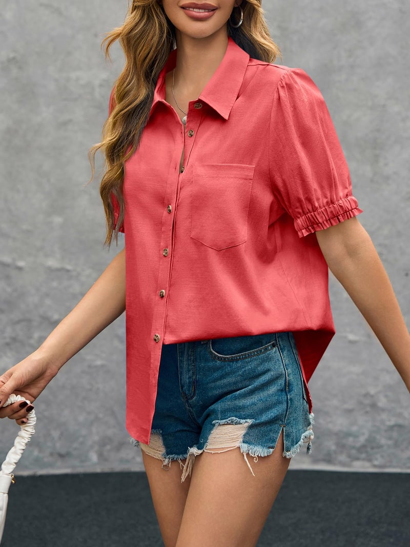 Cicy Bell Womens Puff Short Sleeve Button Down Shirts Summer Casual Collared V Neck Blouse Linen Loose Fit Work Tops - Image 5