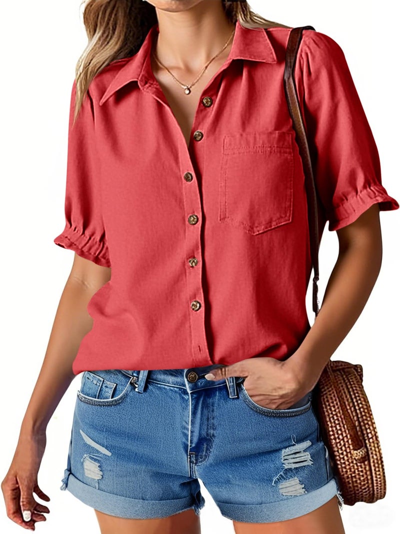 Cicy Bell Womens Puff Short Sleeve Button Down Shirts Summer Casual Collared V Neck Blouse Linen Loose Fit Work Tops - Image 2
