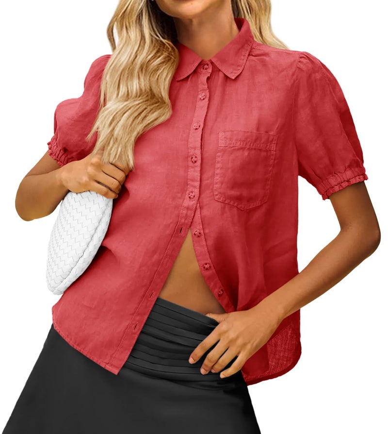 Cicy Bell Womens Puff Short Sleeve Button Down Shirts Summer Casual Collared V Neck Blouse Linen Loose Fit Work Tops - Image 4