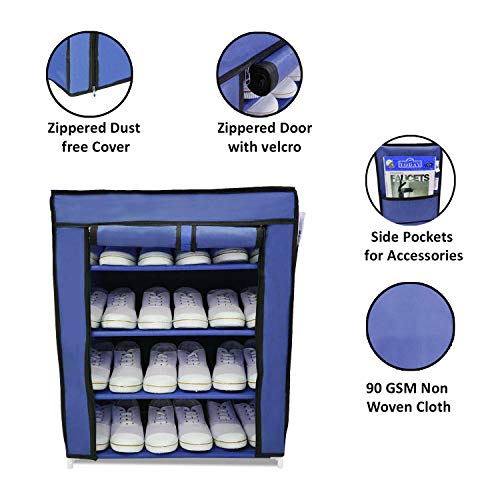 FLIPZON Iron Pipes, Non Woven Fabric Shelves, Plastic Connectors Multi-Purpose Shoe Rack with 4 Fabric Shelves Organiser (Blue) - Image 4