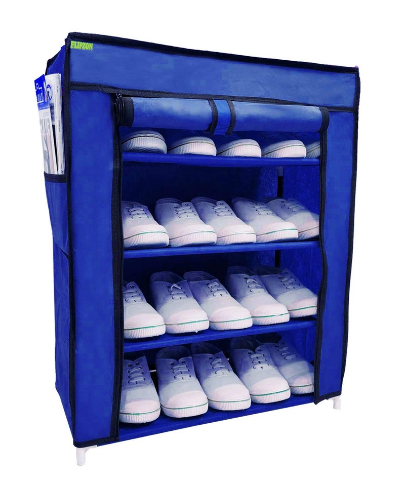 FLIPZON Iron Pipes, Non Woven Fabric Shelves, Plastic Connectors Multi-Purpose Shoe Rack with 4 Fabric Shelves Organiser (Blue) - Image 1