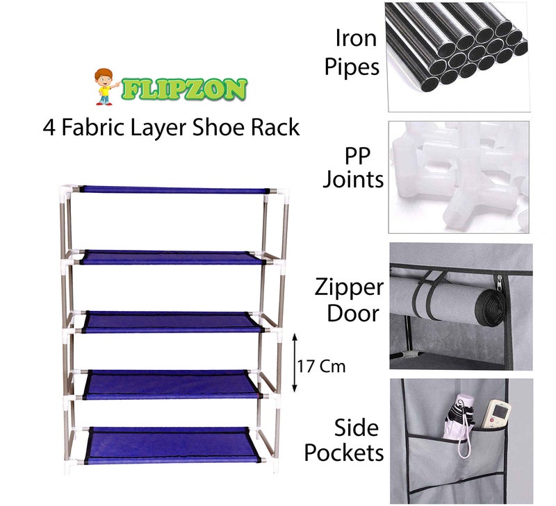 FLIPZON Iron Pipes, Non Woven Fabric Shelves, Plastic Connectors Multi-Purpose Shoe Rack with 4 Fabric Shelves Organiser (Blue) - Image 3
