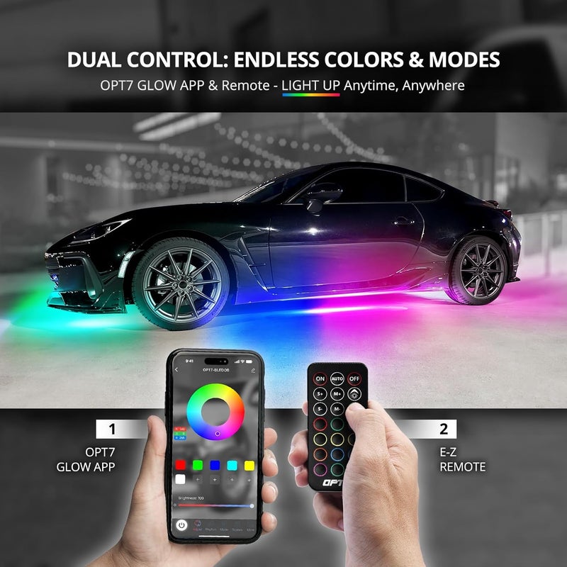 OPT7 Aura DreamColor Underglow Chasing Light Kit with APP & Remote Control, 4 PCS Flexible RGBIC LED Light Strips, Exterior Neon Accent Underbody Lights for Car Truck RV, Multi Colors Music Mode, 12V - Image 2