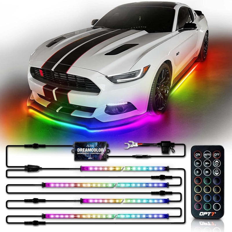 OPT7 Aura DreamColor Underglow Chasing Light Kit with APP & Remote Control, 4 PCS Flexible RGBIC LED Light Strips, Exterior Neon Accent Underbody Lights for Car Truck RV, Multi Colors Music Mode, 12V - Image 1