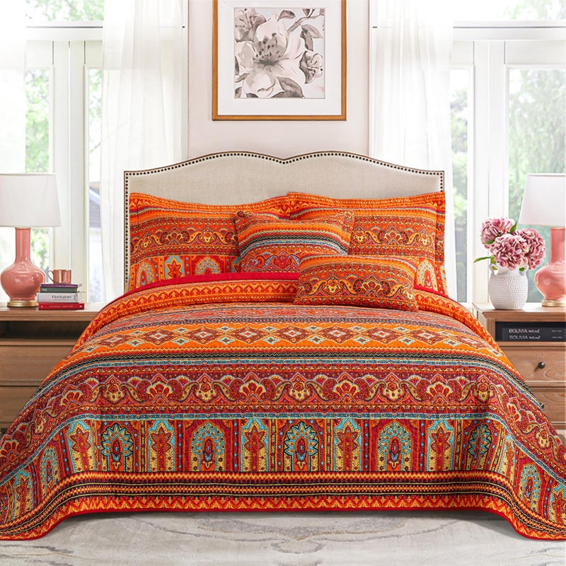 VAPUTAR Cotton Quilt Twin Size Bedding Set - 2 Pieces Twin Quilt Bedding Set, Boho Twin Size Quilts, Lightweight Reversible Coverlets Bedspreads for Farmhouse Bedroom (Red/Orange) - Image 1
