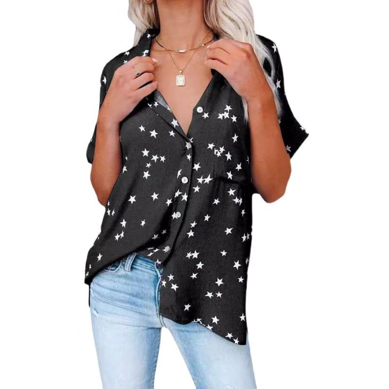 Women's Star Print V-Neck Button Front Batwing Short Sleeve Blouse - Image 5