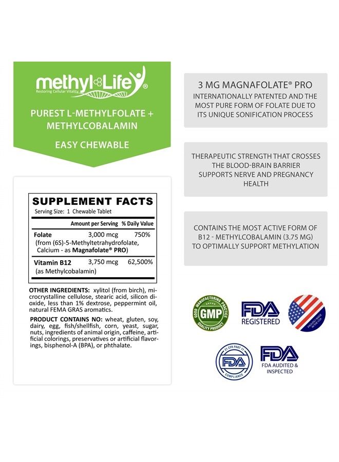 Methyl-Life B-Methylated II, Pure Pharmaceutical Grade Professional Strength Active Folate and B12 (as Methylcobalamin, 3.75 mg) - 3 Months Supply. Chewables