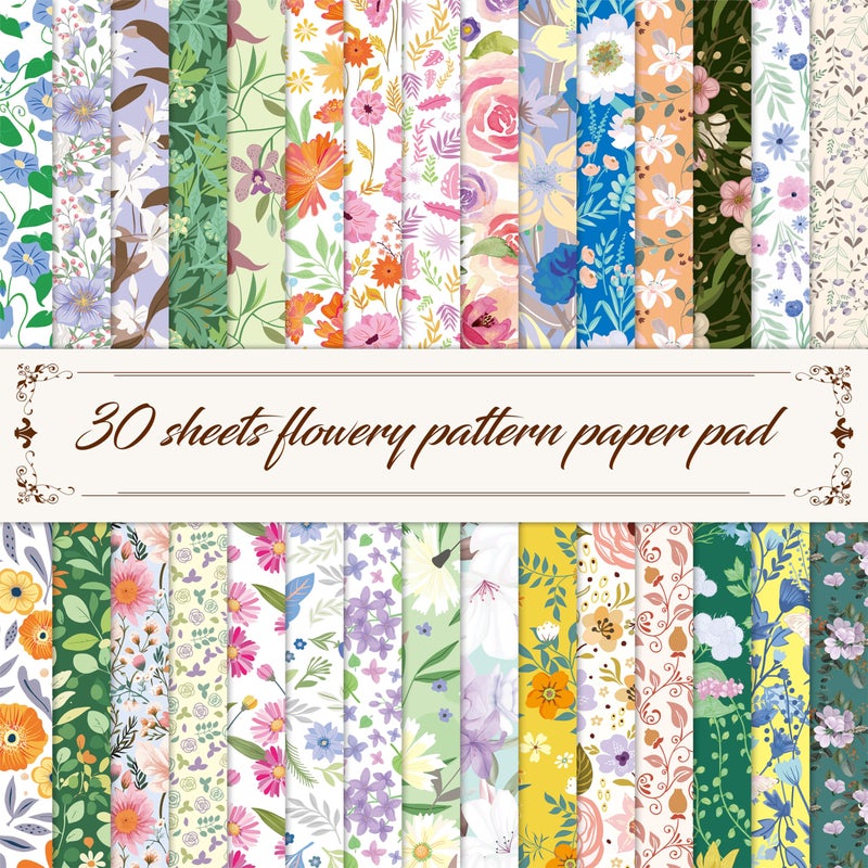 Gethelud 30 Sheets Flowery Pattern Paper Pad, Double-Sided Floral Scrapbook Paper with Vintage Greenery Design, Decorative Scrapbooking Supplies For Card Making, Album, Stamping, Background Decoupage - Image 1