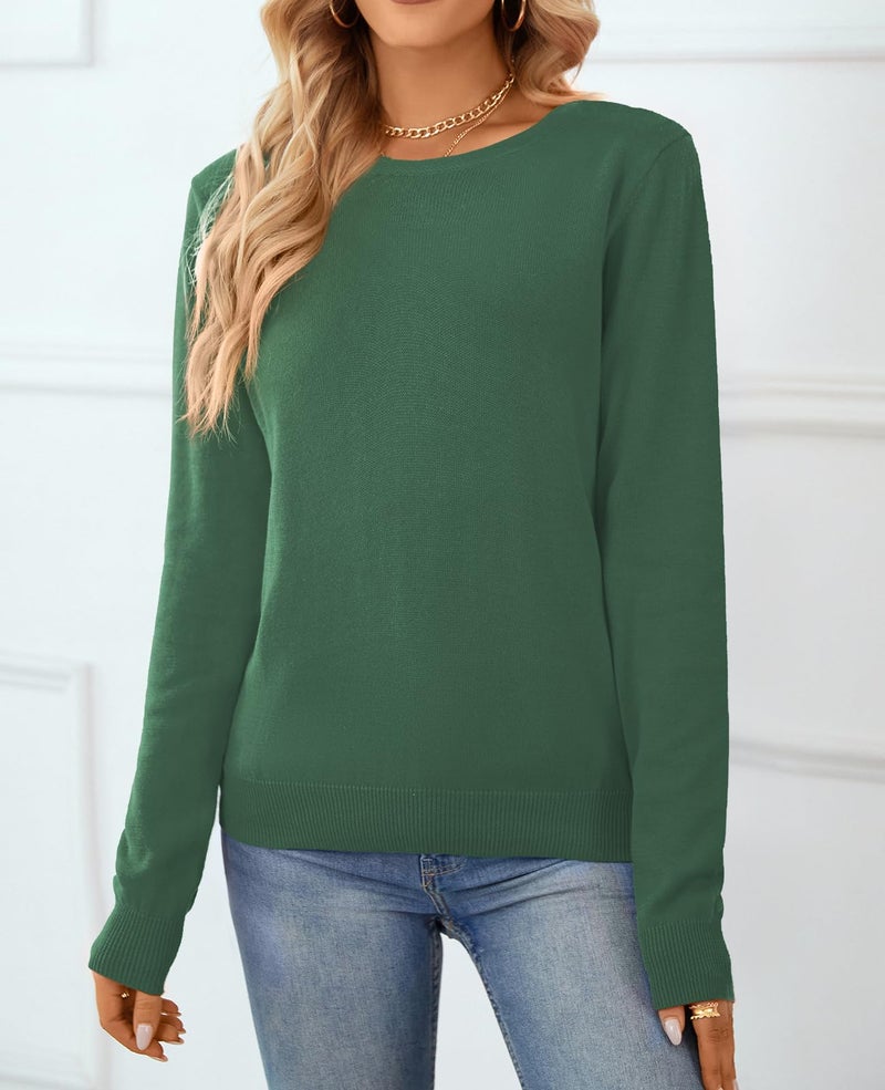 QUALFORT Women's 100% Cotton Sweater Crewneck Long Sleeve Knitted Jumpers Dark Green X-Large - Image 4