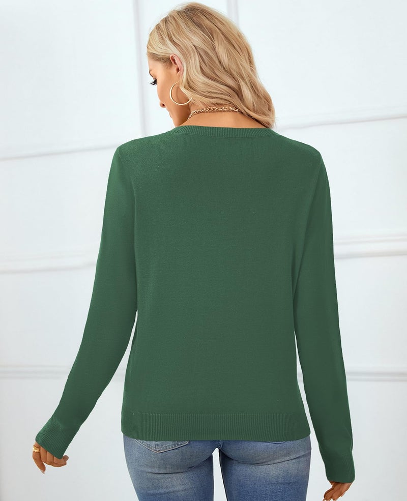 QUALFORT Women's 100% Cotton Sweater Crewneck Long Sleeve Knitted Jumpers Dark Green X-Large - Image 2