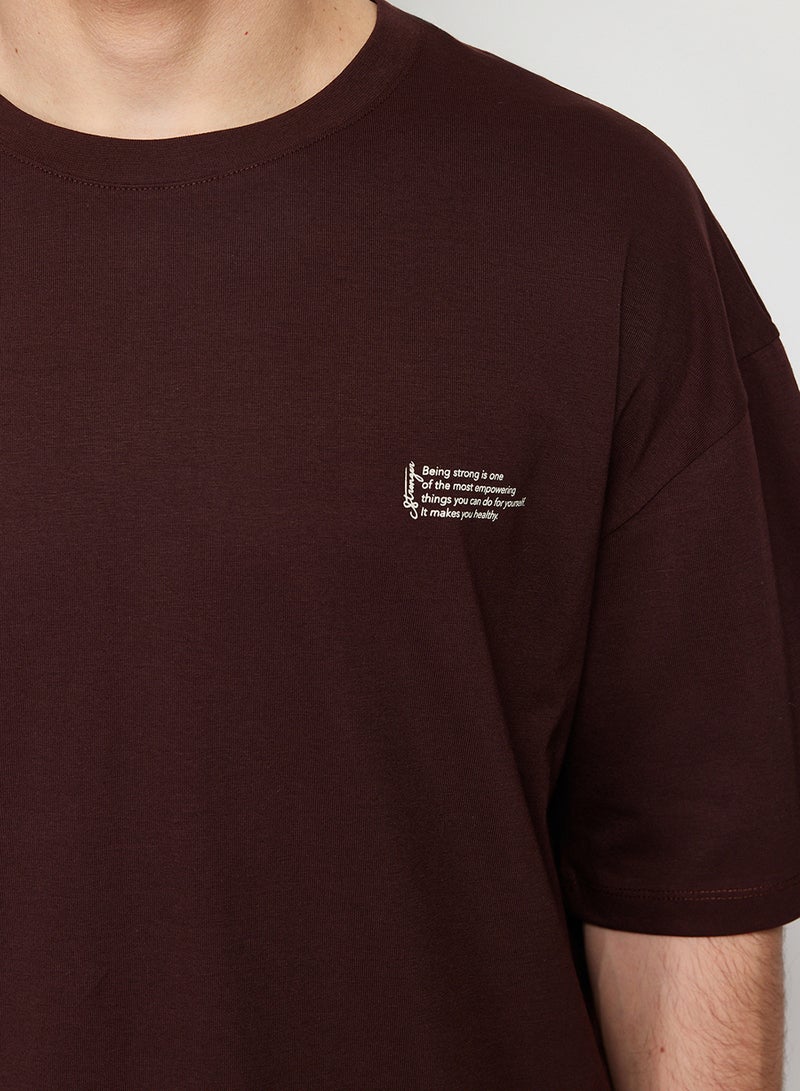 trendyol Dark Brown Oversize Heavyweight Cotton T-Shirt with Minimal Text Print TMNSS23TS00084 - Image 5