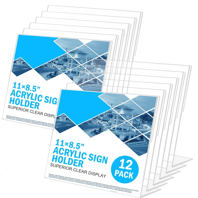 COYMOS 12 Pack Acrylic Sign Holder 85 x 11 Horizontal Slant Back Acrylic Stands for Display Plexiglass Clear Acrylic Display Stands for Ad Frame Picture Photo Frames Promotions Restaurants Office