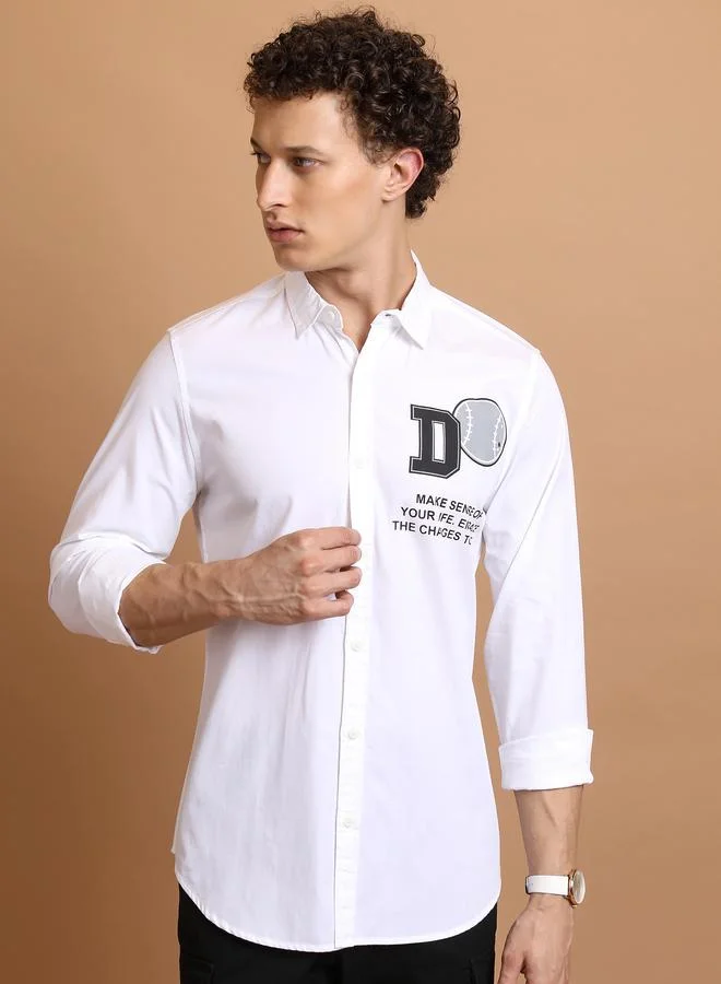 كيتش Slim Fit Typography Print Cotton Casual Shirt by Styli