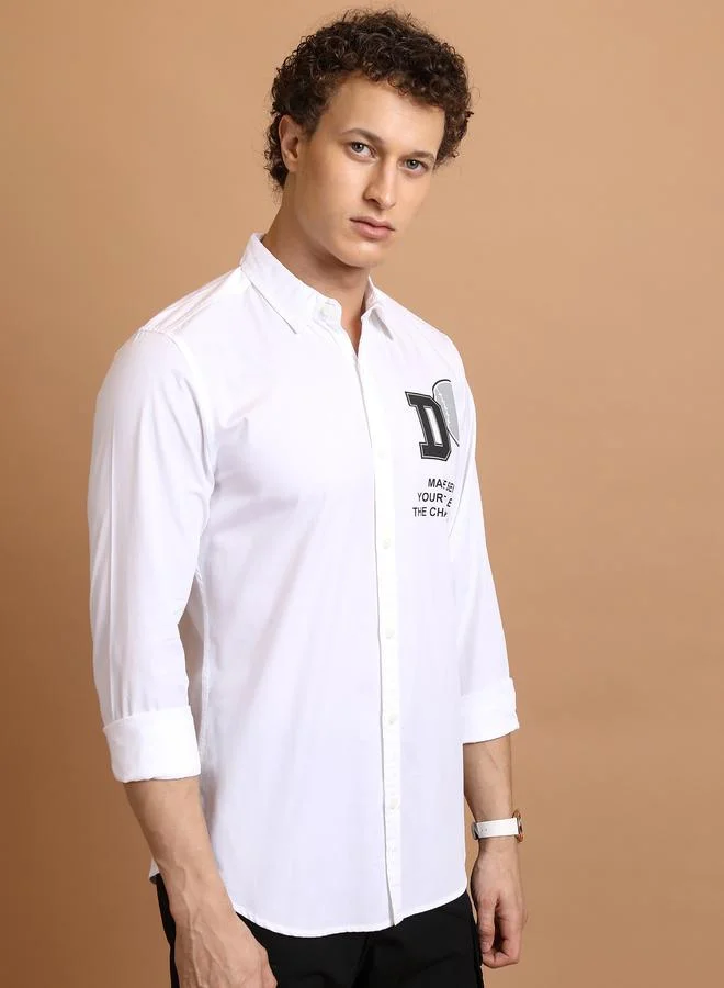كيتش Slim Fit Typography Print Cotton Casual Shirt by Styli
