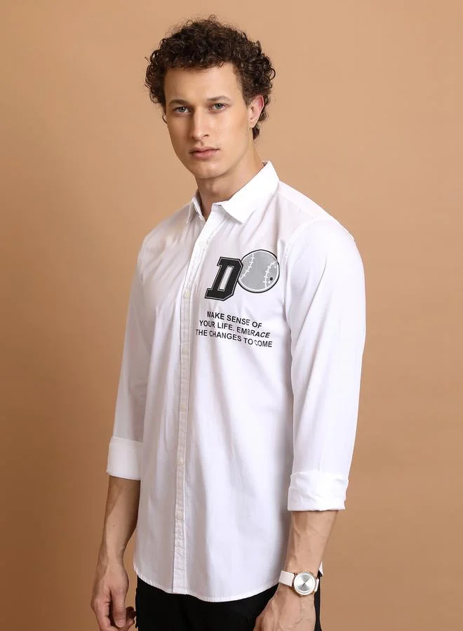 كيتش Slim Fit Typography Print Cotton Casual Shirt by Styli