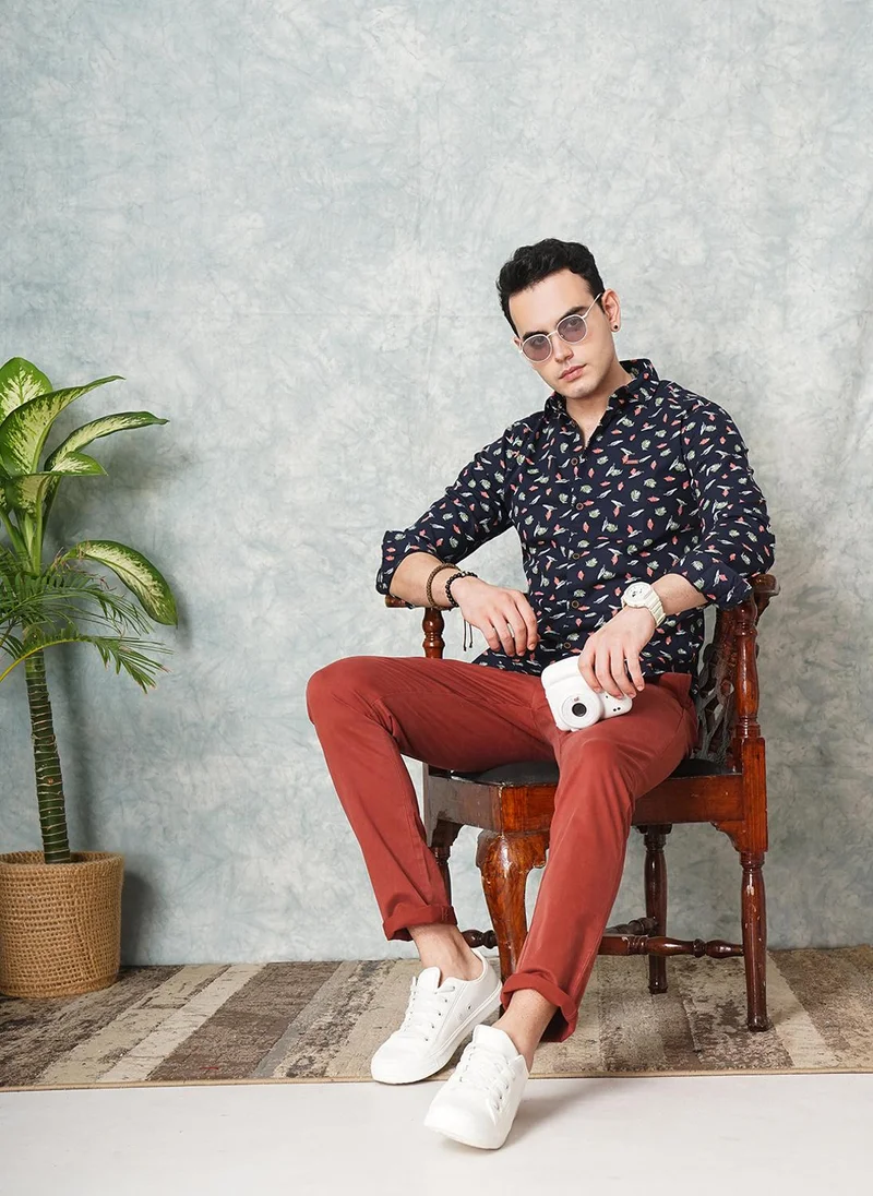 The Indian Garage Co Men Slim Fit Graphic Print Full Sleeves Spread Collar Casual Shirt