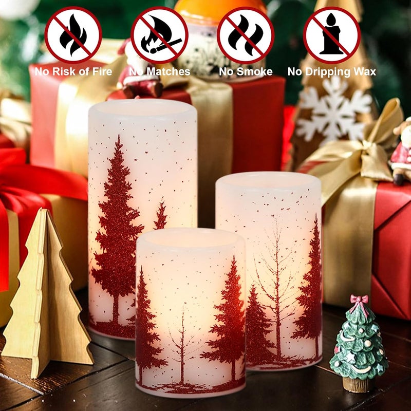 DRomance Christmas Tree Flameless Flickering Candles Battery Operated with 6H Timer, 3 Pack Real Wax Warm Light LED Pillar Candles Dinner Tabletop Holiday Centerpiece Decor 3" x 6" - Image 5