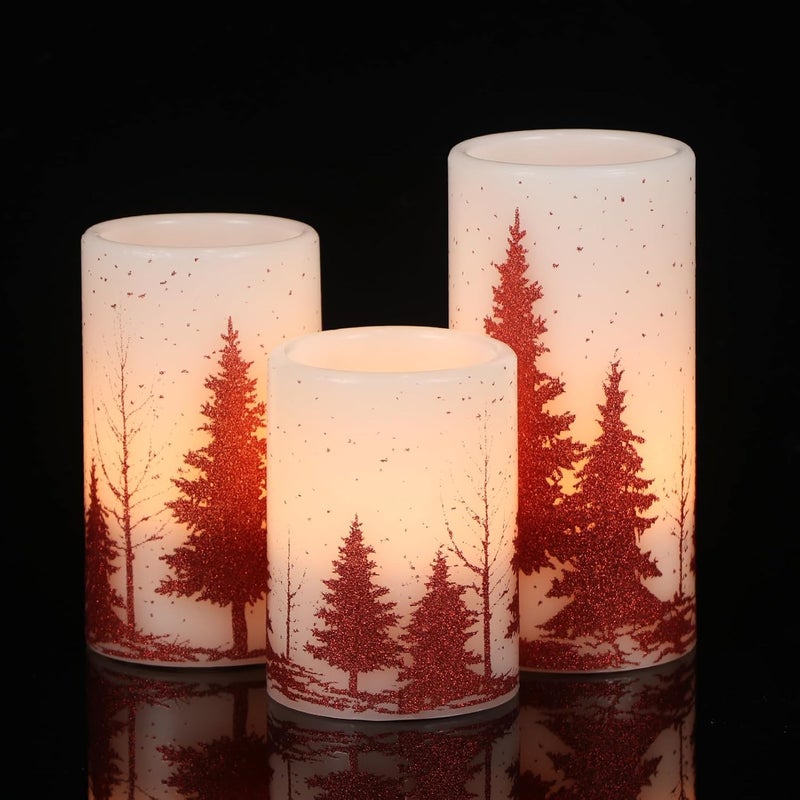 DRomance Christmas Tree Flameless Flickering Candles Battery Operated with 6H Timer, 3 Pack Real Wax Warm Light LED Pillar Candles Dinner Tabletop Holiday Centerpiece Decor 3" x 6" - Image 1