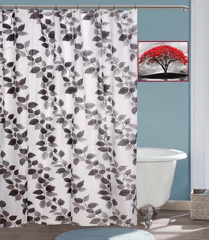 SHAVIN PVC Printed Bathroom Shower Curtain with Hooks (54 x 108 Inches, Black) - Image 1