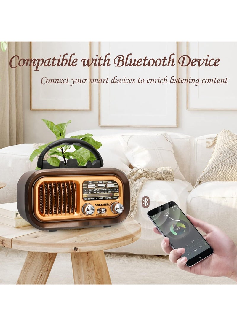 DOSCHER - Small Retro Vintage Radio with Bluetooth,Portable Transistor Radio AM FM SW with Best Sound,Excellent Reception,Support TF Card USB MP3 Player,USB or Solar Charging - Image 1
