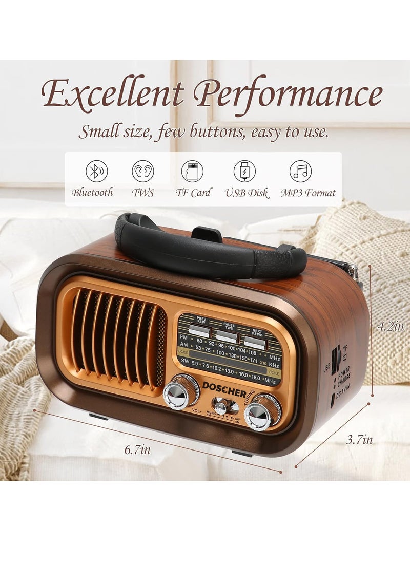 DOSCHER - Small Retro Vintage Radio with Bluetooth,Portable Transistor Radio AM FM SW with Best Sound,Excellent Reception,Support TF Card USB MP3 Player,USB or Solar Charging - Image 1