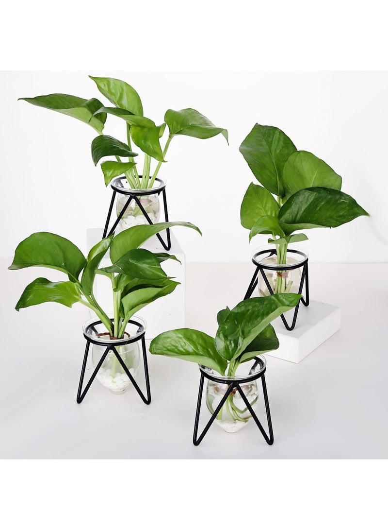 SYOSI أوعية زراعة النباتات الزجاجية مع قاعدة معدنية، نظام زراعة مائي، محطة زراعة النباتات على الطاولة للزهور، ديكور المنزل والحديقة والمكتب، أسود (4 قطع) - Image 1