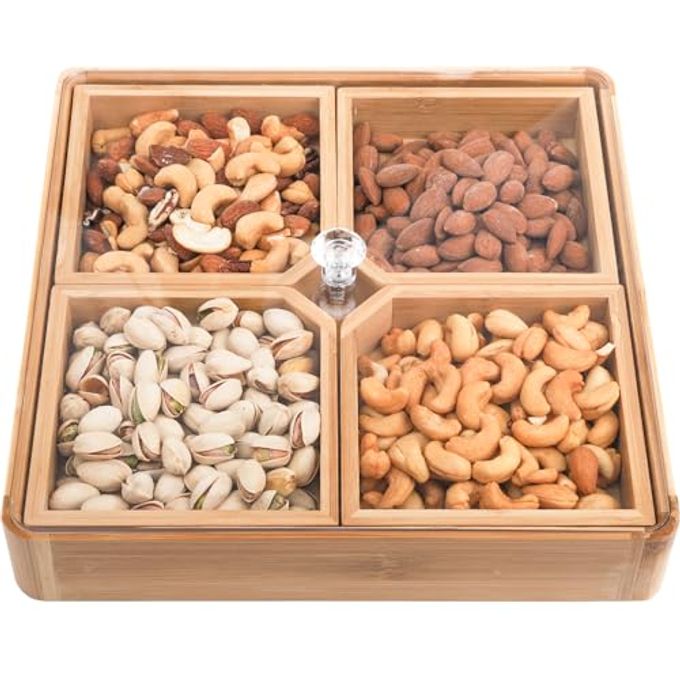WUWEOT Bamboo Nut and Candy Serving Tray, Party Appetizer Platter Veggie Dish, Candy Bowl with Acrylic Lid & Removable Dividers for Party, Taco Dip Parties Platters & Chip Bowls - Image 1