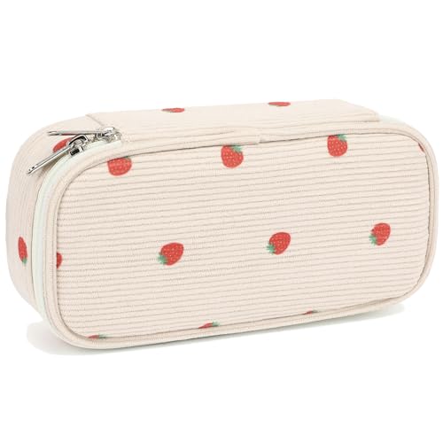 FlowFly Large Capacity Pencil Case for Kids, Boys & Girls – Zippered Multi-Functional Pen Pouch, Soft & Portable Pencil Bag for School, Teens, Students, Corduroy Strawberries Beige - Image 1